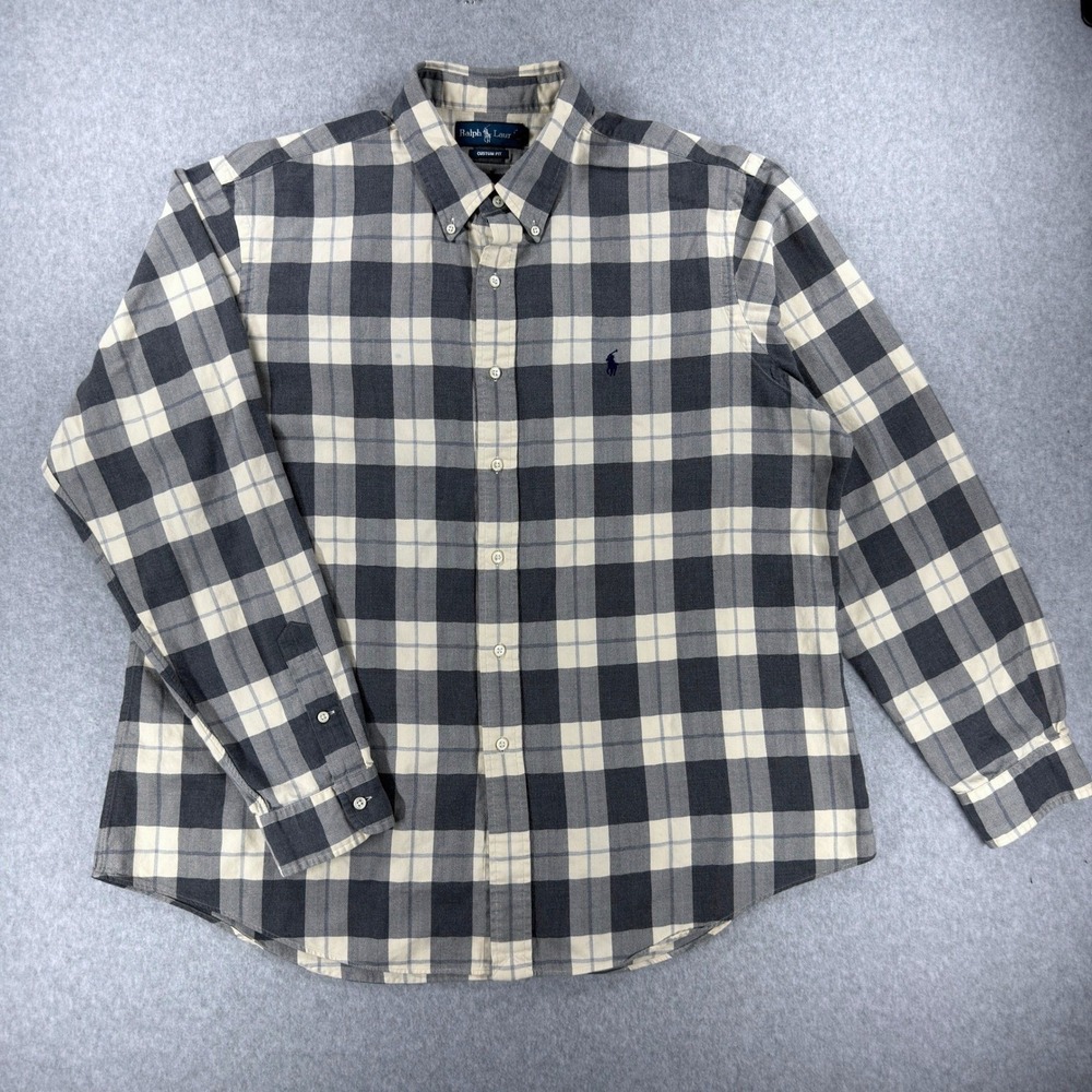 Polo Ralph Lauren Mens XXL Custom Fit Plaid Button Down Grey Herringbone Shirt